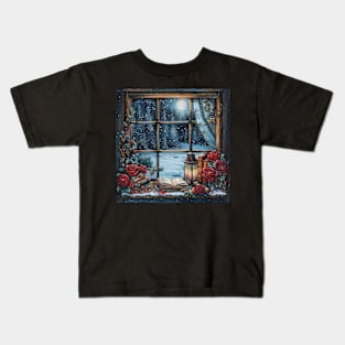 Fantasy winter starry night window Kids T-Shirt